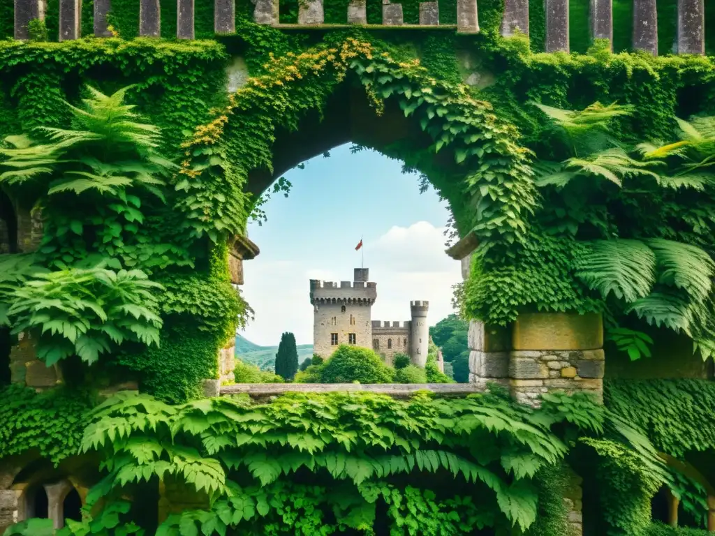 Castillo antiguo de piedra, influencia de la historia en arquitectura, rodeado de exuberante vegetación y con detalles arquitectónicos impresionantes