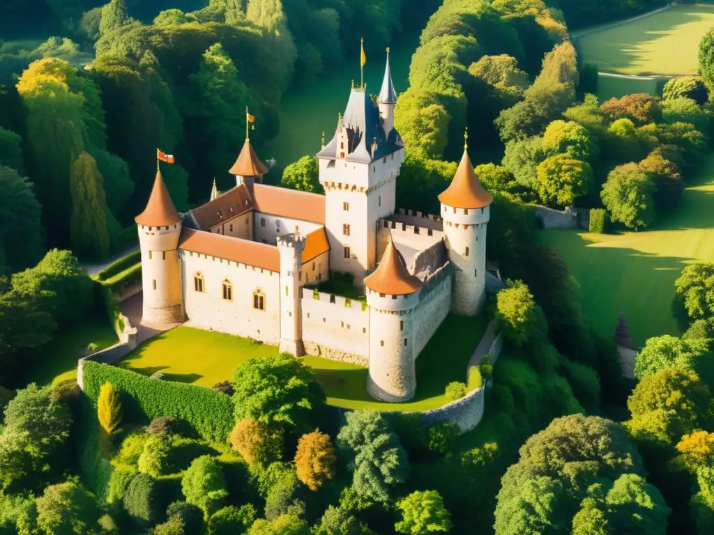 Castillo histórico que combina belleza y fortaleza, bañado por la cálida luz del sol, entre exuberante vegetación