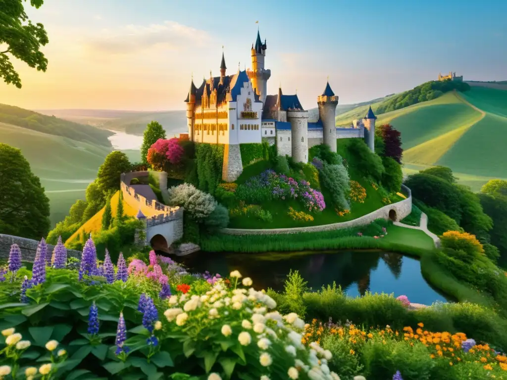 Castillo histórico en colina verde con moat brillante y flores silvestres, bañado por cálido atardecer