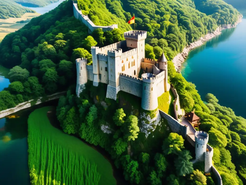 Un castillo medieval en la cima de un acantilado, rodeado de bosques y un foso