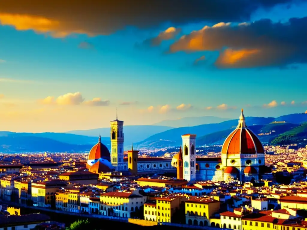 La icónica cúpula de la Catedral de Florencia, en un atardecer cálido, destaca el detalle renacentista en mármol