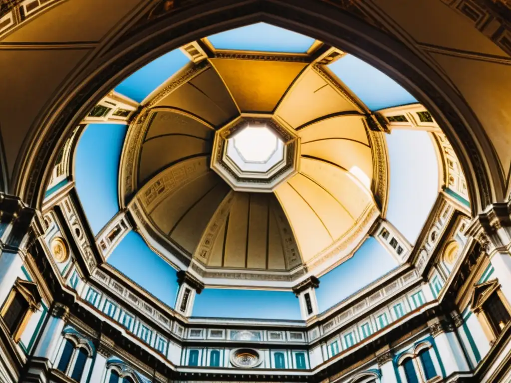 Una fotografía vintage de alta resolución de la cúpula de la Catedral de Florencia, destacando los detalles arquitectónicos y el juego de luces y sombras en la superficie de mármol