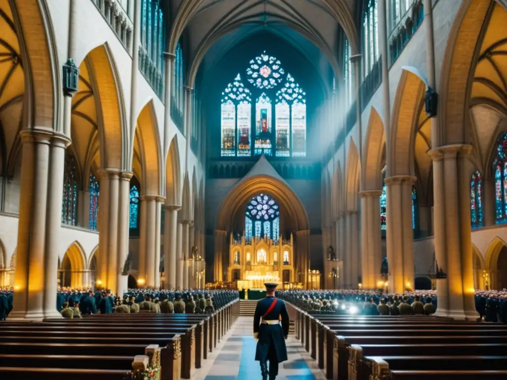 Una catedral como refugio espiritual en medio de la guerra, con soldados protegiendo sus majestuosos muros