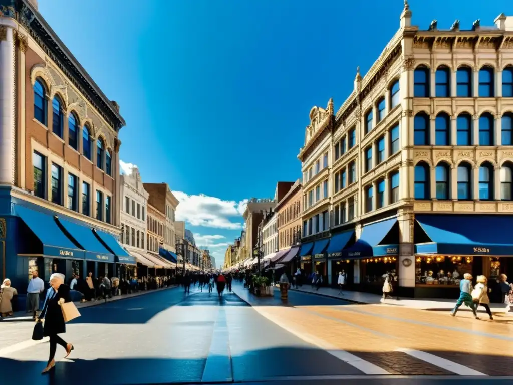 Transformación de centros comerciales urbanos: Una animada calle de la ciudad con tiendas de estilo vintage y farolas antiguas