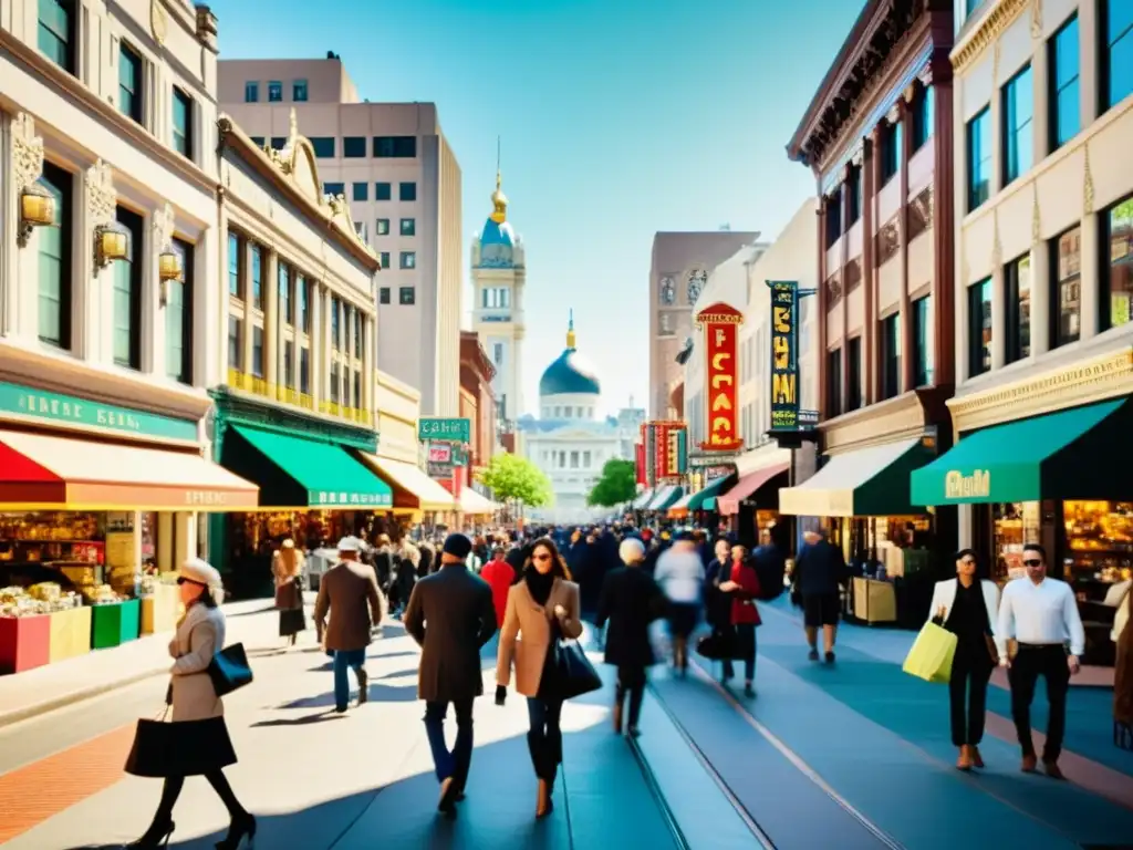 Transformación de centros comerciales urbanos: Una bulliciosa calle urbana llena de edificios comerciales históricos, gente y energía dinámica