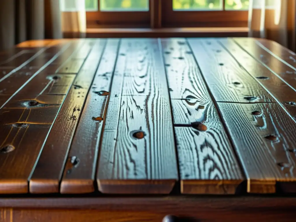 Una fotografía cercana en estilo vintage de una mesa de madera envejecida con grietas e imperfecciones, iluminada por suave luz natural