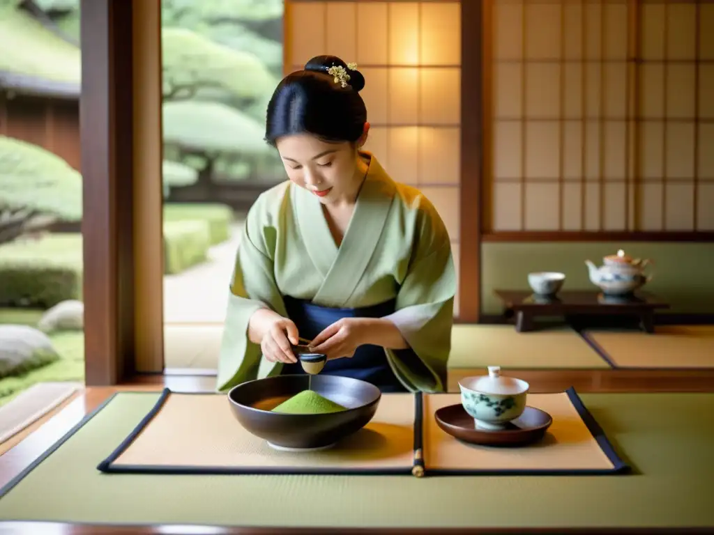 Una ceremonia de té japonesa tradicional en una casa de té vintage, con un jardín sereno de fondo