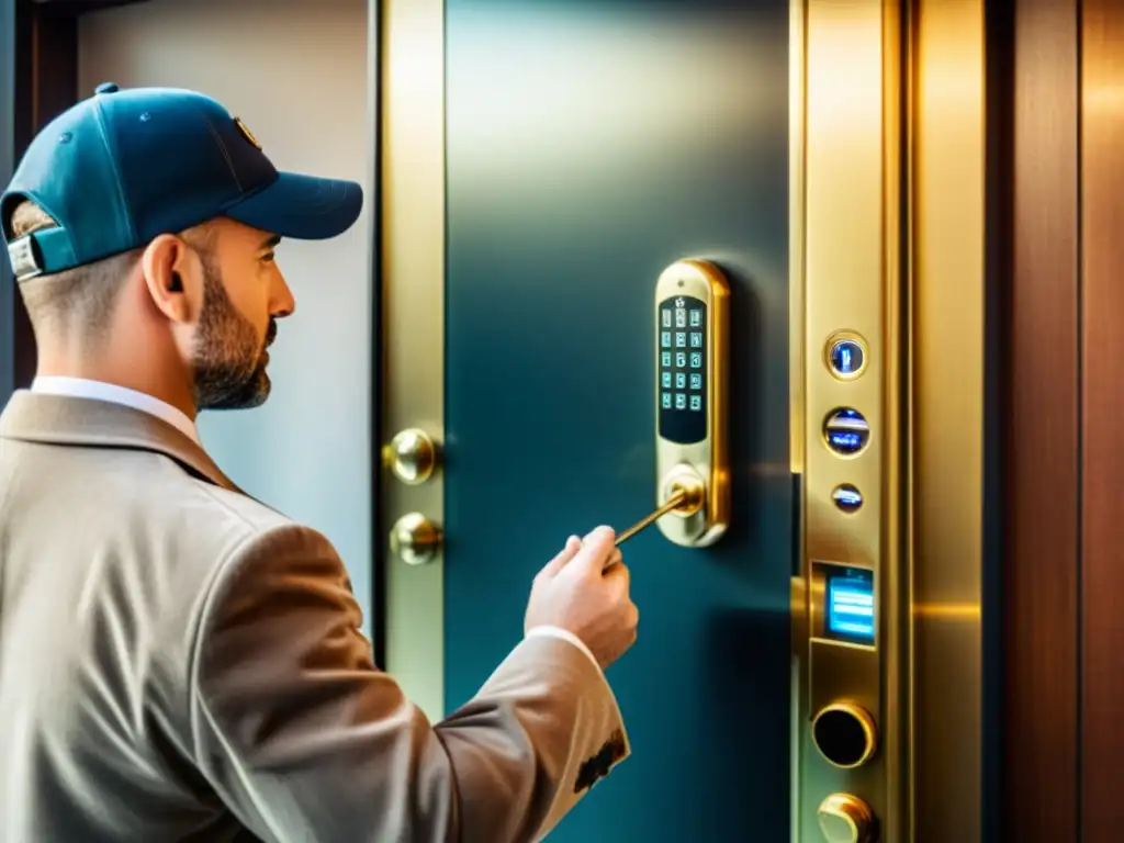 Un cerrajero instala un moderno control de accesos en una puerta futurista, combinando tradición y tecnología