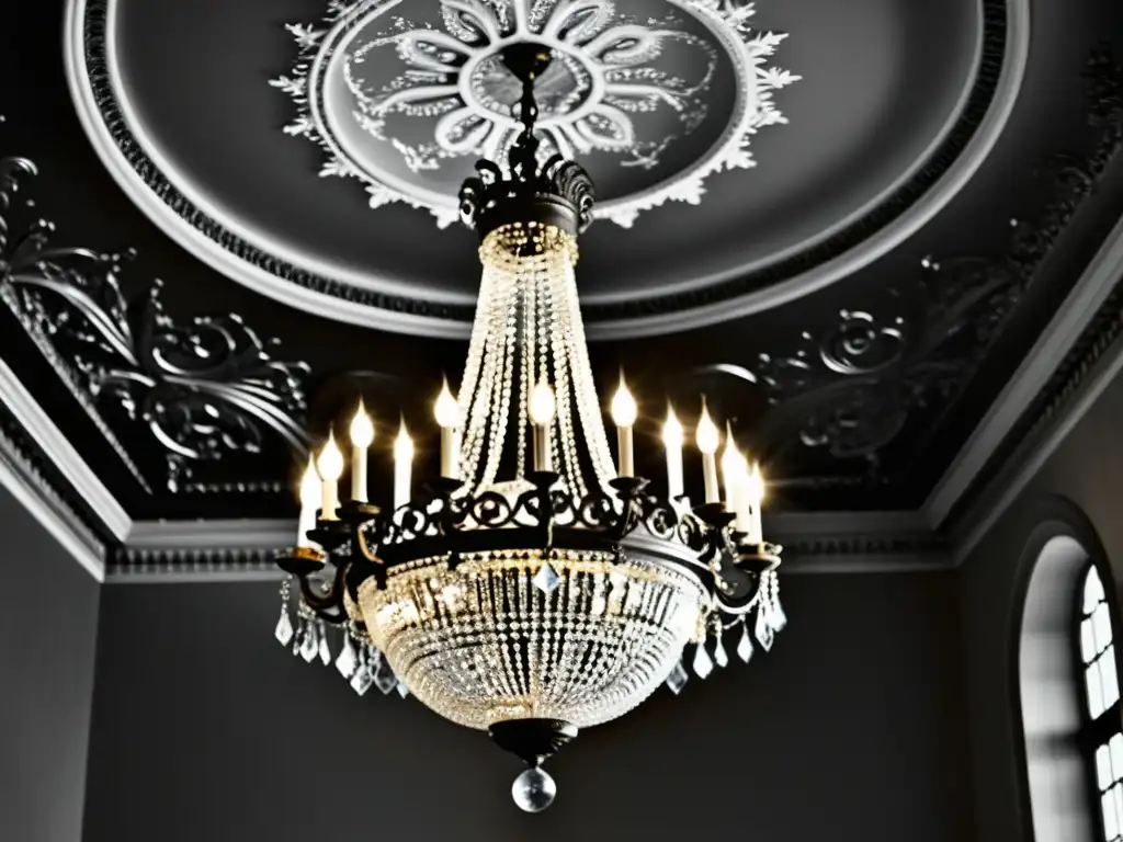 Chandelier de cristal colgando en majestuoso techo de edificio histórico, evocando la evolución de la iluminación arquitectónica histórica