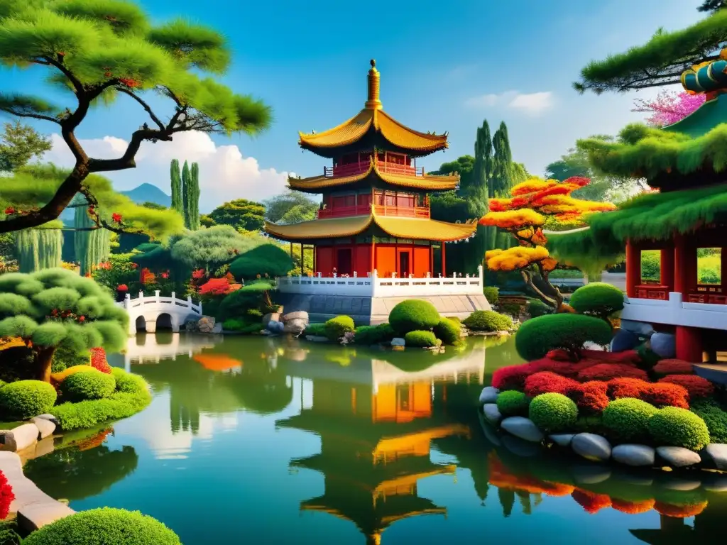 Un jardín chino tradicional con un estanque sereno que refleja una vibrante pagoda, rodeado de exuberante vegetación y flores coloridas