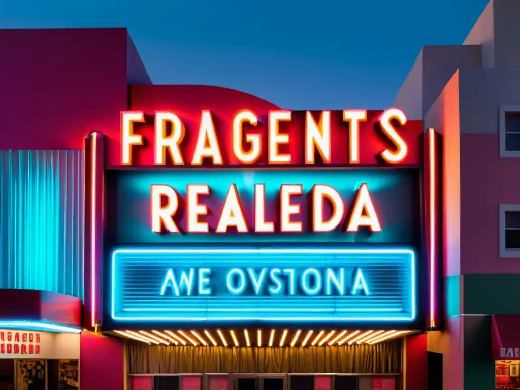 Marquesina de cine vintage con luces de neón, ciudad deconstruccionista y título 'Fragmentos de Realidad'