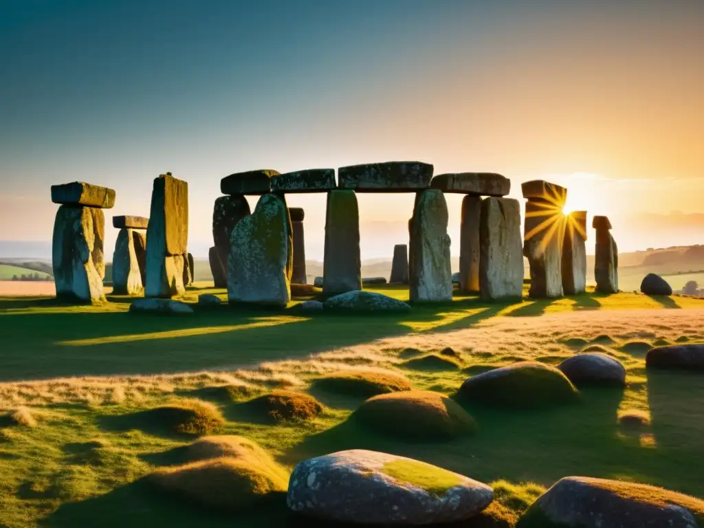 Un círculo de piedras megalíticas al atardecer, bañado en luz dorada, con sombras dramáticas