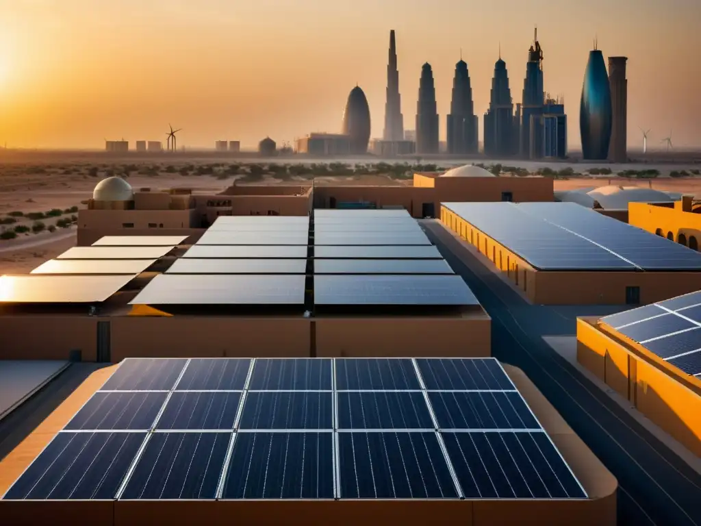 La ciudad de Masdar al atardecer, con arquitectura sostenible y energía renovable