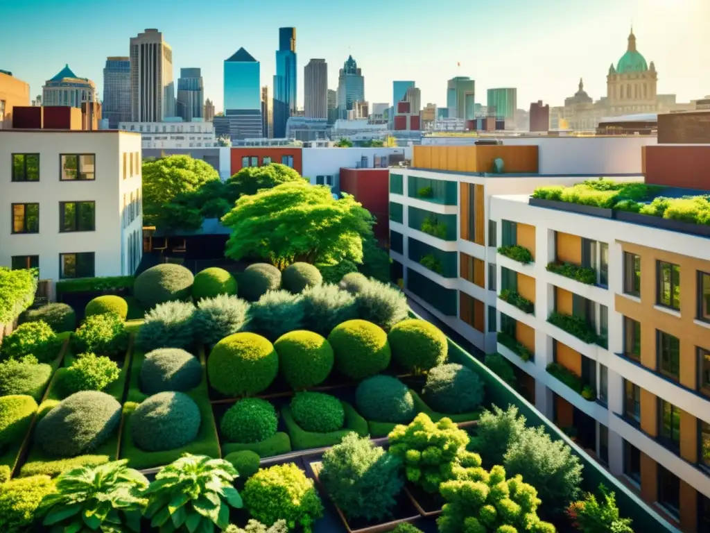 Una ciudad bulliciosa con jardines en azoteas verdes, integrando la arquitectura sostenible para ciudades frescas