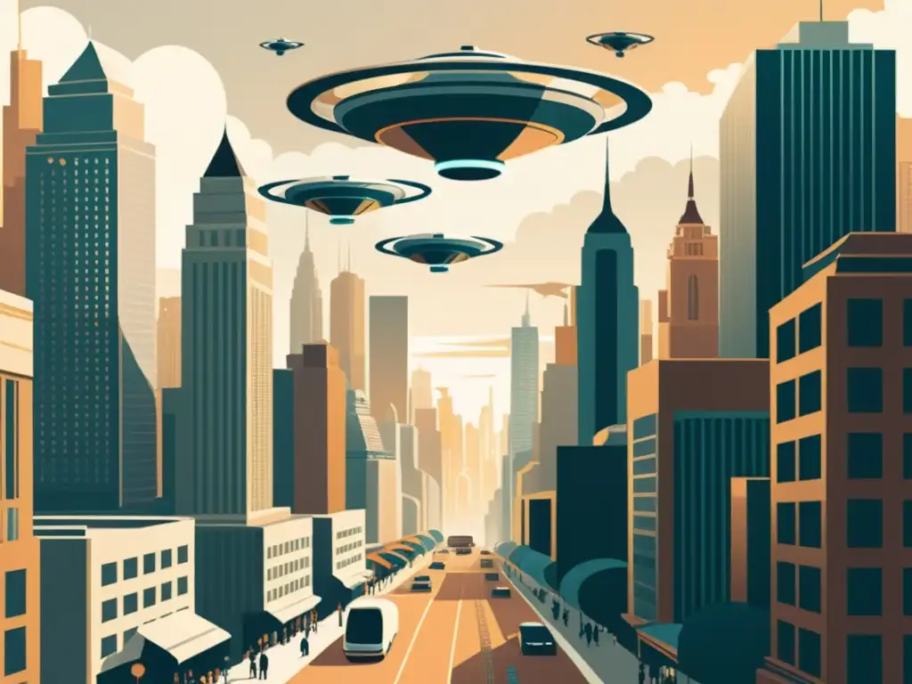 Una ilustración vintage de una ciudad bulliciosa con rascacielos futuristas integrados armoniosamente en la arquitectura histórica, simbolizando la coexistencia de la inteligencia artificial en arquitectura histórica y el urbanismo tradicional