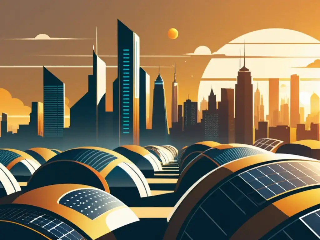 Una ilustración vintage de una ciudad futurista con adaptación arquitectónica energía solar, edificios elegantes y paneles solares