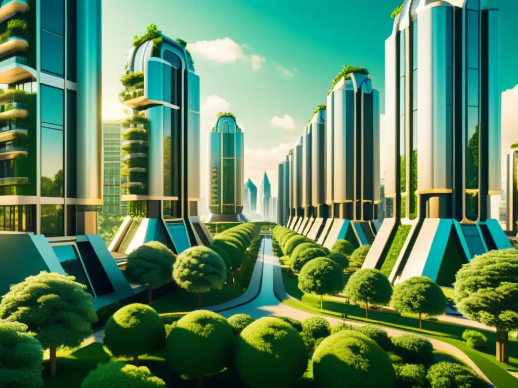 Una ciudad futurista con arquitectura AI integrada en la naturaleza, evocando el impacto de la IA en arquitectura