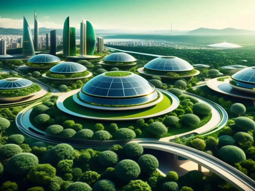 Una ciudad satélite futurista con arquitectura sostenible y espacios verdes, integrando diseño innovador y sostenibilidad ambiental para impacto en el mercado inmobiliario de ciudades satélite