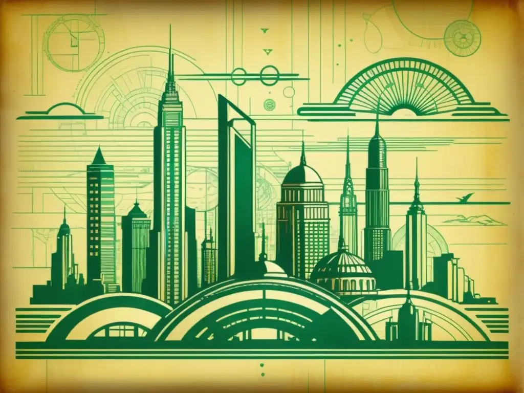 Planos arquitectónicos vintage de una ciudad futurista Una ciudad futurista detallada en un plano arquitectónico vintage, mostrando la evolución del software de diseño arquitectónico