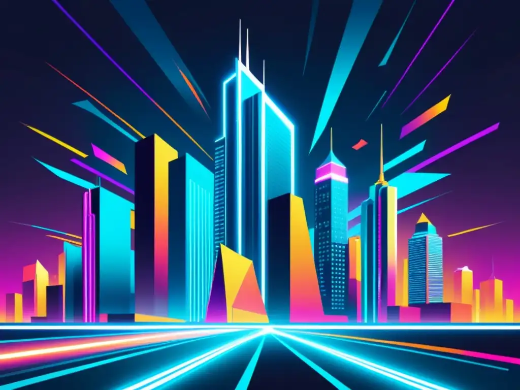 Una ilustración vintage de una ciudad futurista con rascacielos modernos que transmiten dinamismo y energía con luces de neón vibrantes