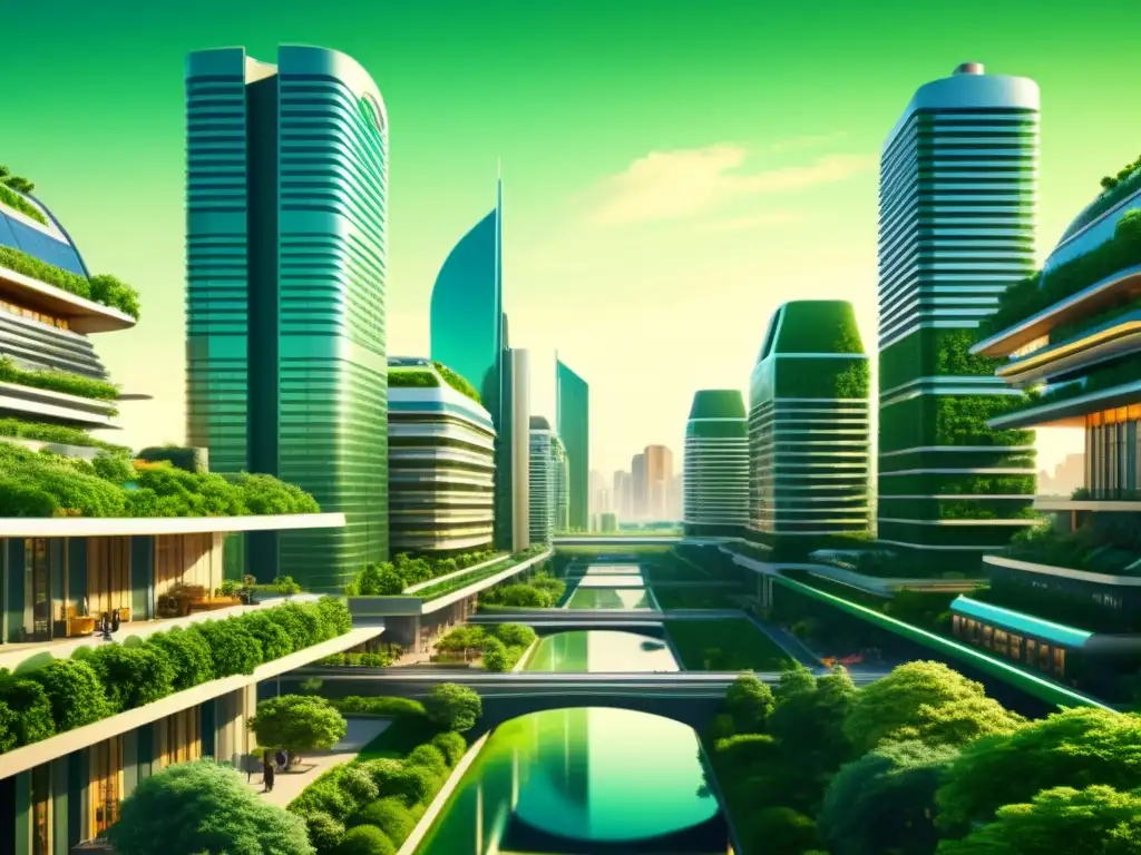 Una ilustración vintage de una ciudad futurista y sostenible con arquitectura ecoamigable, espacios verdes y tecnología avanzada