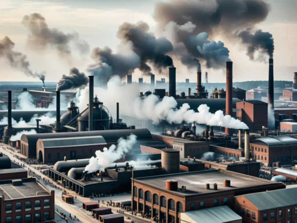 Una ciudad industrial en blanco y negro, con humo saliendo de las chimeneas y trabajadores