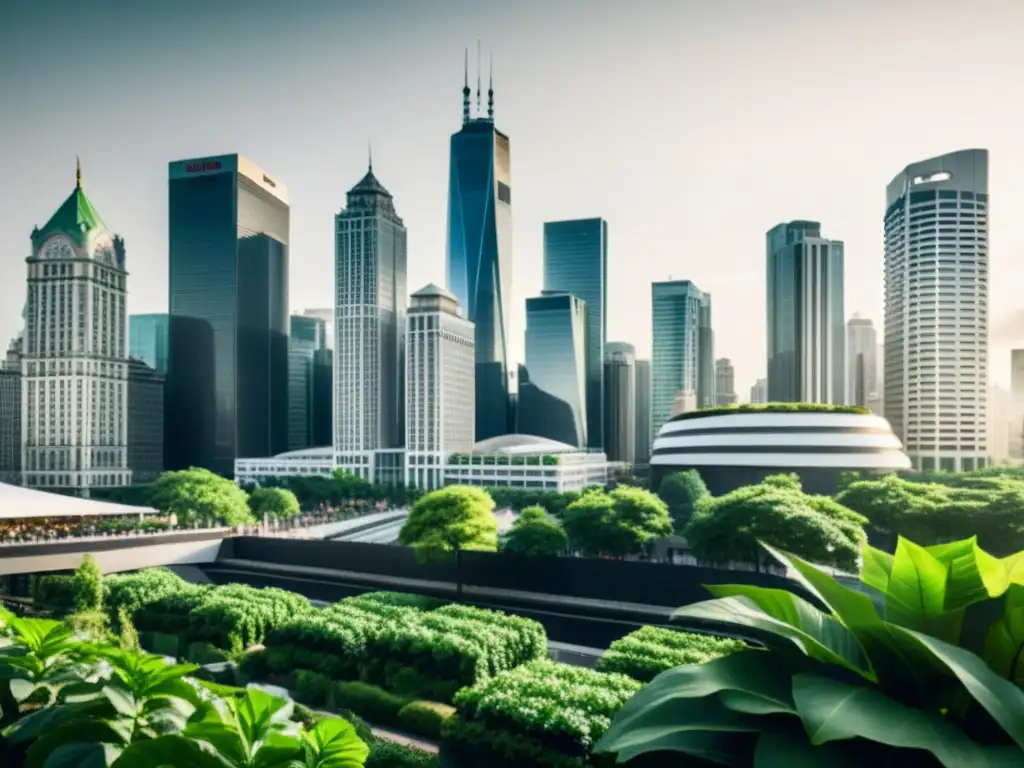 Una ciudad urbana bulliciosa con rascacielos en blanco y negro, donde la sostenibilidad en megaconstrucciones urbanas brilla