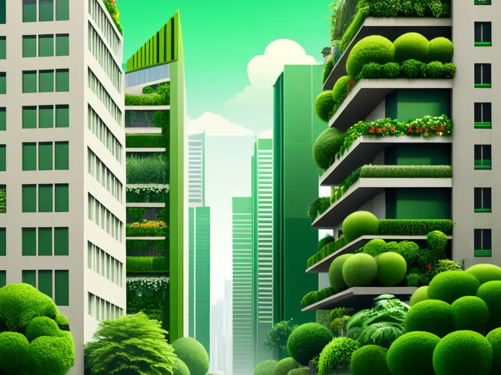 Una ilustración vintage de una ciudad urbana con edificios verdes como pulmón urbano, fusionando naturaleza y arquitectura