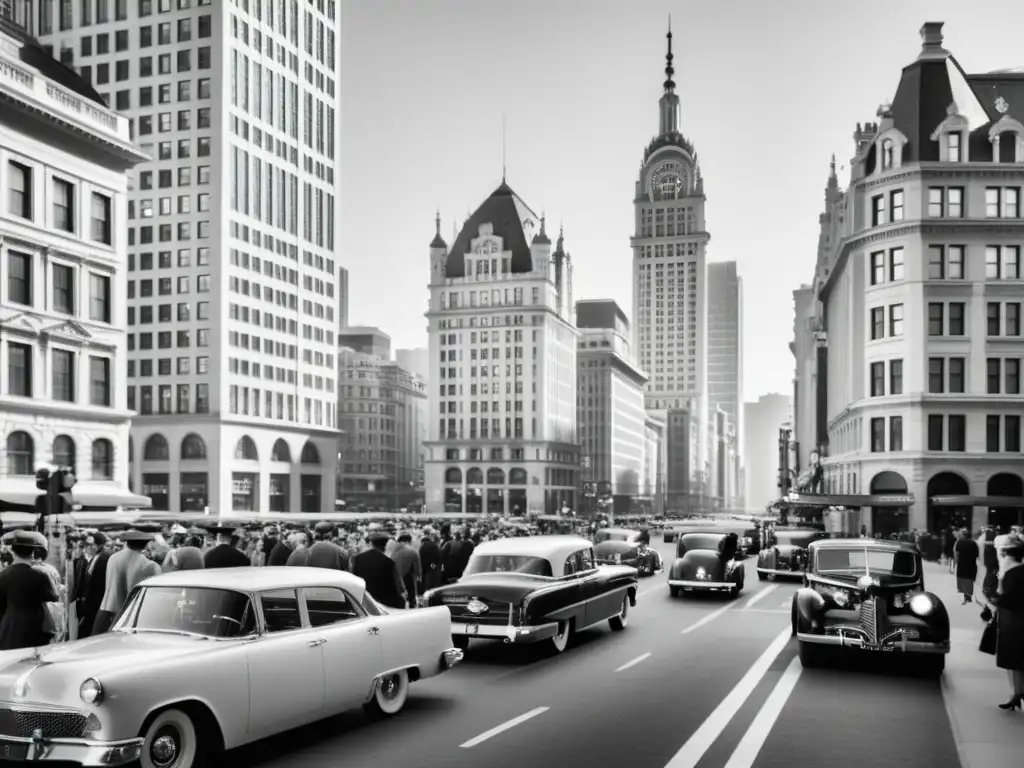 Una ciudad urbana vintage con arquitectura sostenible LEED influencia mundo, rascacielos, calles llenas de coches clásicos y peatones elegantes