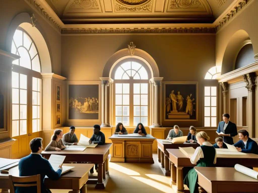 Clase de arquitectura barroca: detalle exquisito Clase de arquitectura barroca con estudiantes admirando detallada maqueta de piedra y herramientas de dibujo en ambiente académico y cálido