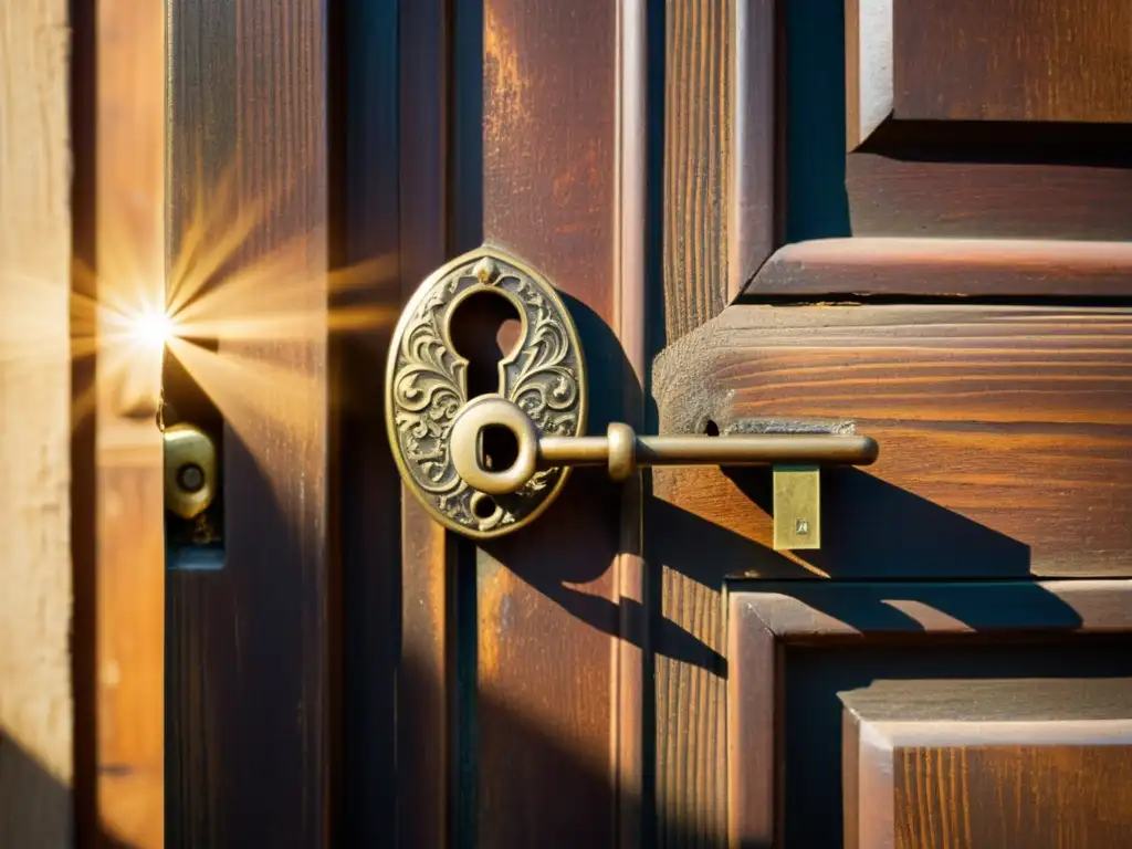 Antigua llave de latón desbloqueando historia Clave antigua girando en cerradura de puerta de madera histórica, luz cálida y sombras, evocando el proceso de compra propiedad histórica