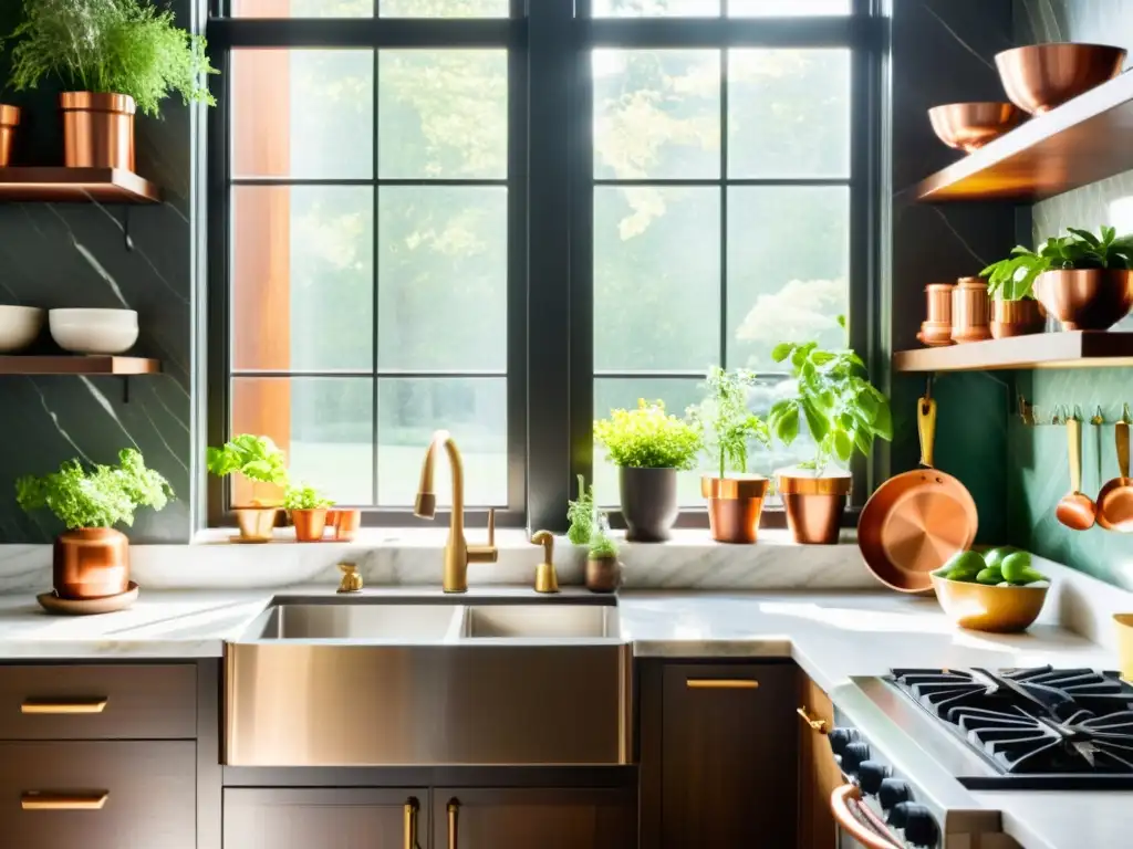 Una cocina vintage con electrodomésticos de acero inoxidable, encimera de mármol y armarios de madera oscura