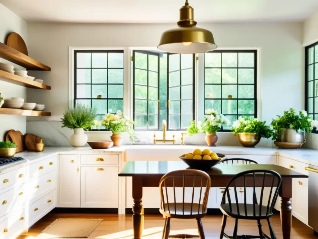 Una cocina vintage con gabinetes blancos, encimeras de mármol y detalles en latón