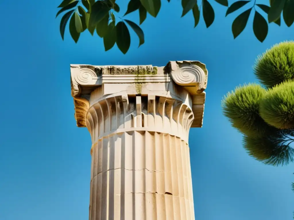 Columna griega antigua bien conservada con flautado detallado y capital, bañada por la cálida luz del sol