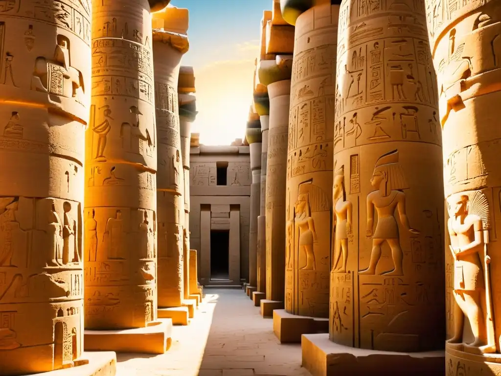 Columnas del Gran Salón Hipóstilo en los Templos de Karnak, legado arquitectónico iluminado por el cálido sol, con intrincados jeroglíficos