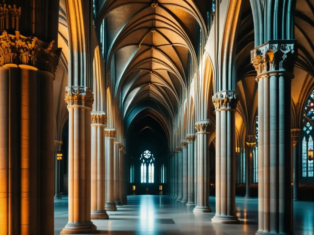 Columnas de piedra gótica en catedral: arquitectura impresionante, arcos delicados, juego de luces y sombras