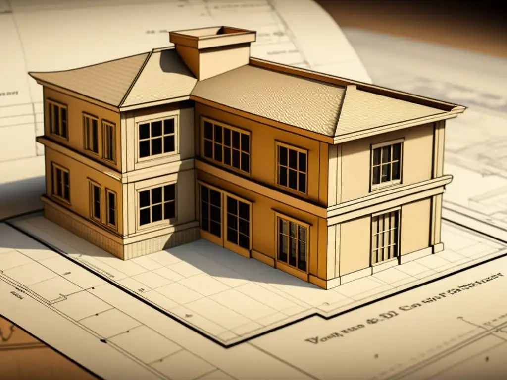 Comparativa de arquitectura SketchUp vs Revit: detallado blueprint vintage en tonos sepia, evocando expertise y artesanía atemporal