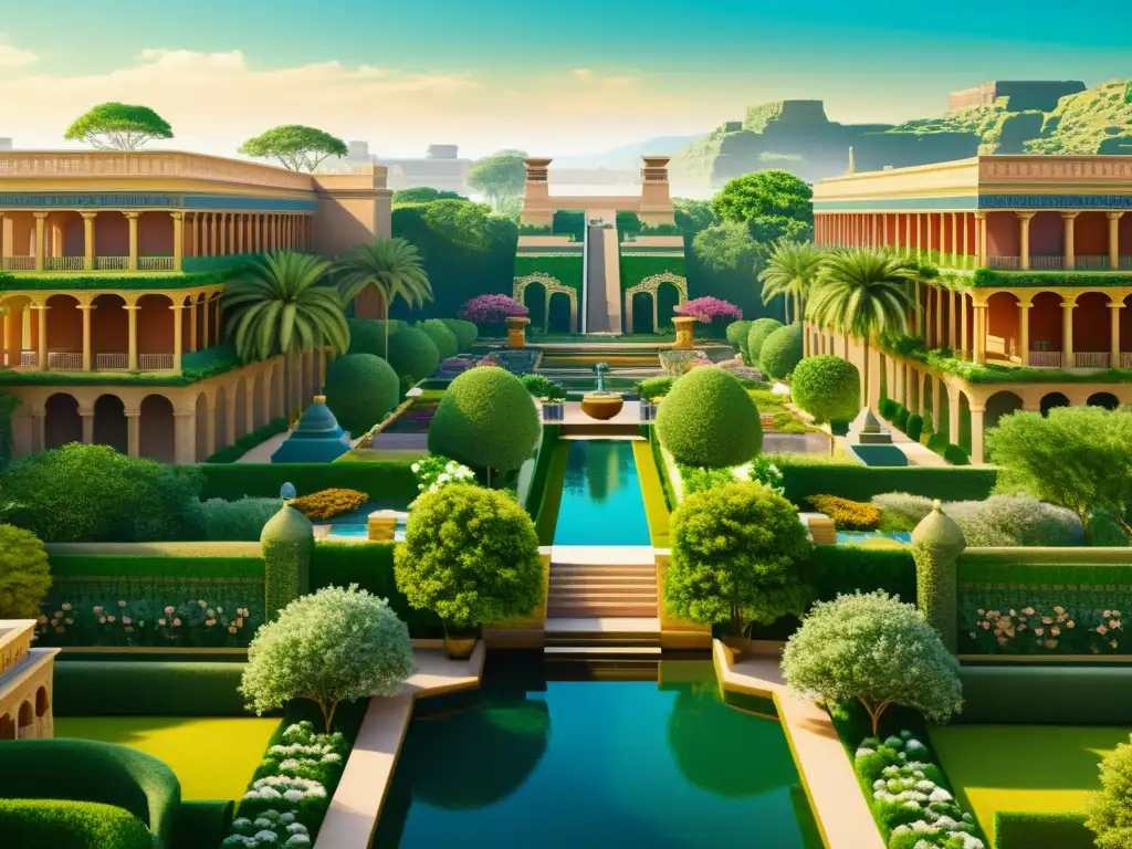 Comparativa Jardines Babilonia Jardines Romanos: Ilustración detallada de los históricos jardines con arquitectura e exuberante vegetación