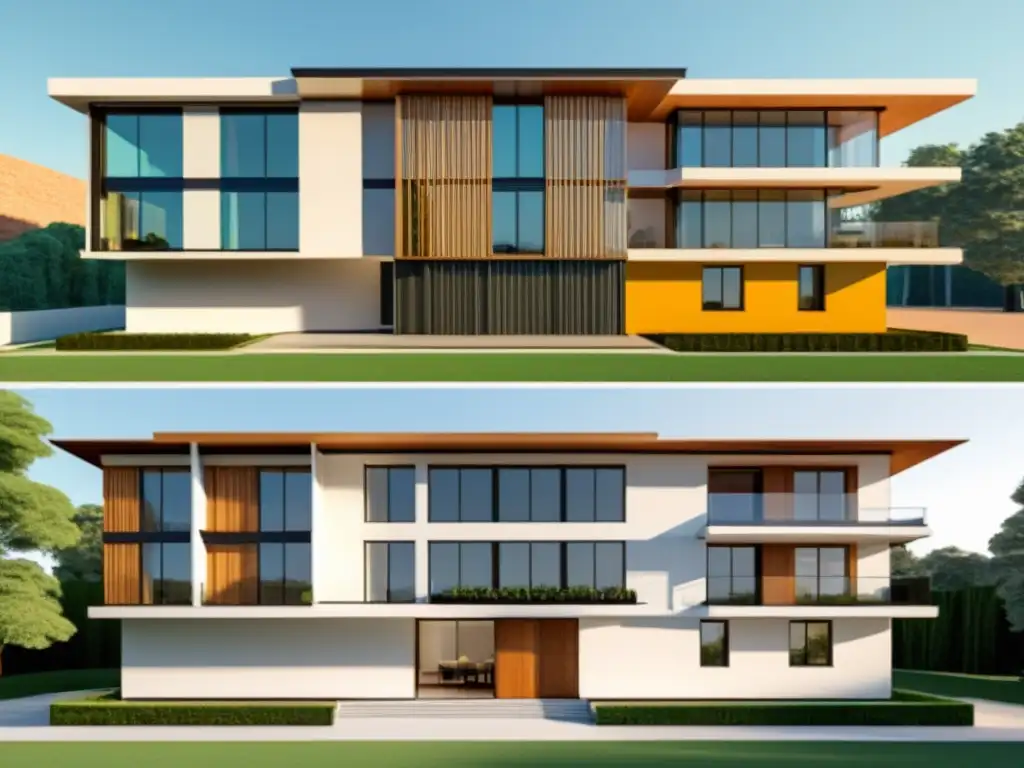 Comparativa SketchUp vs Revit arquitectura: Detallada representación 3D de un edificio moderno, mostrando las fortalezas de cada software en diseño arquitectónico