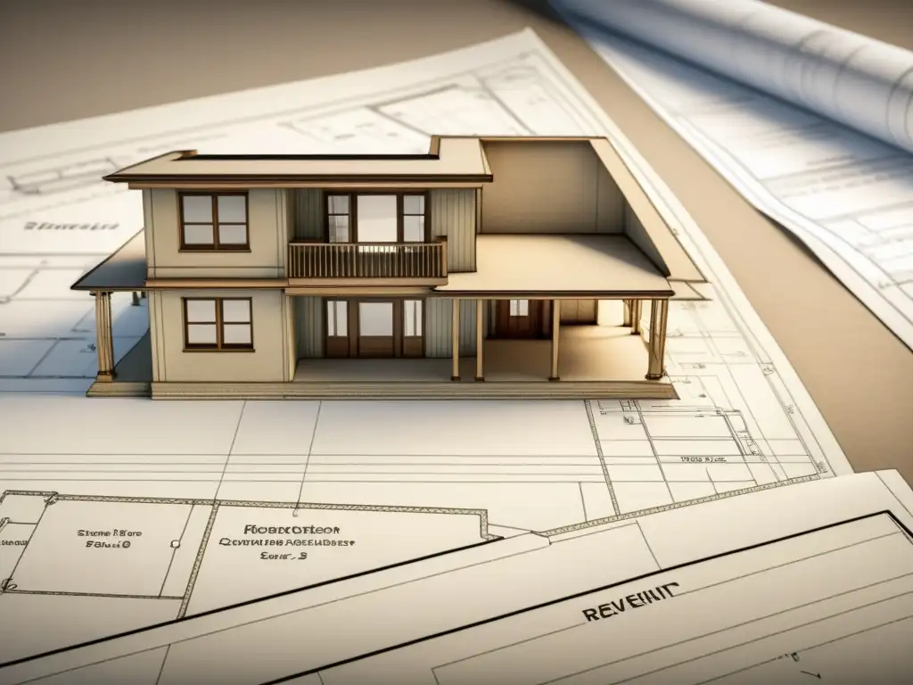 Comparativa SketchUp vs Revit arquitectura: Detallado plano arquitectónico vintage que integra SketchUp y Revit, evocando expertise atemporal