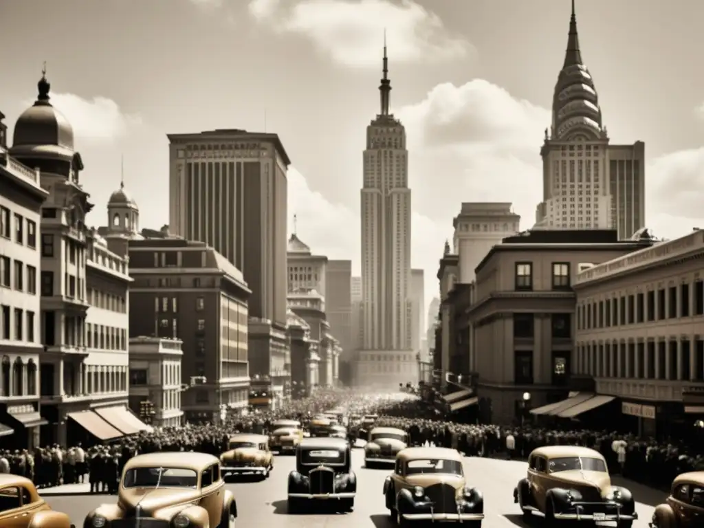 Competencia rascacielos impacto local: Fotografía vintage de una ciudad bulliciosa con rascacielos imponentes y detalles arquitectónicos