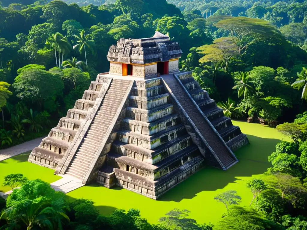 Complejo de templo maya con materiales locales y exuberante vegetación, destacando la economía y arquitectura precolombina