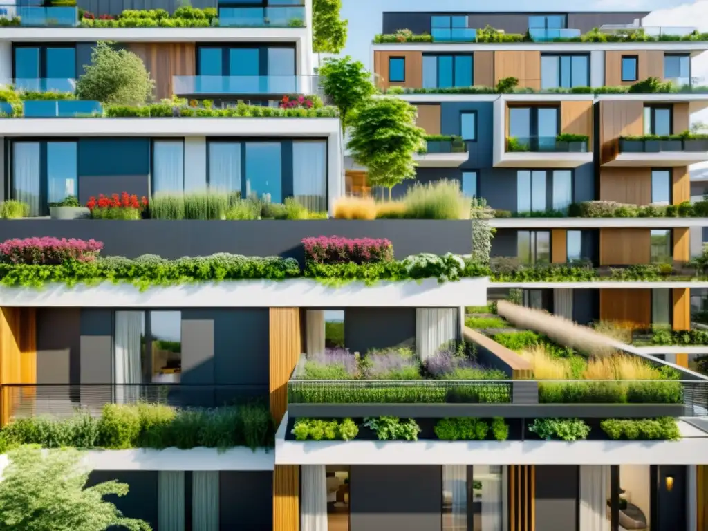 Un complejo urbano moderno con diseño sostenible, integrando naturaleza y vida urbana vibrante