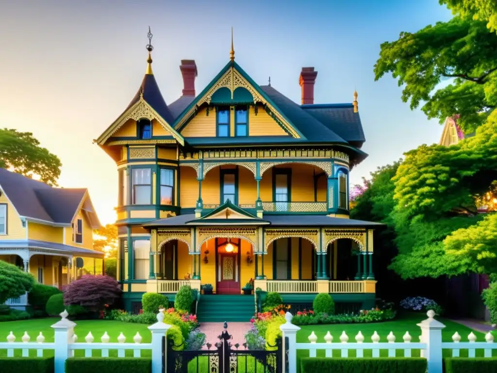 Compra casa estilo victoriano, con detalles ornamentales y jardín floreciente, bañada por la cálida luz del atardecer