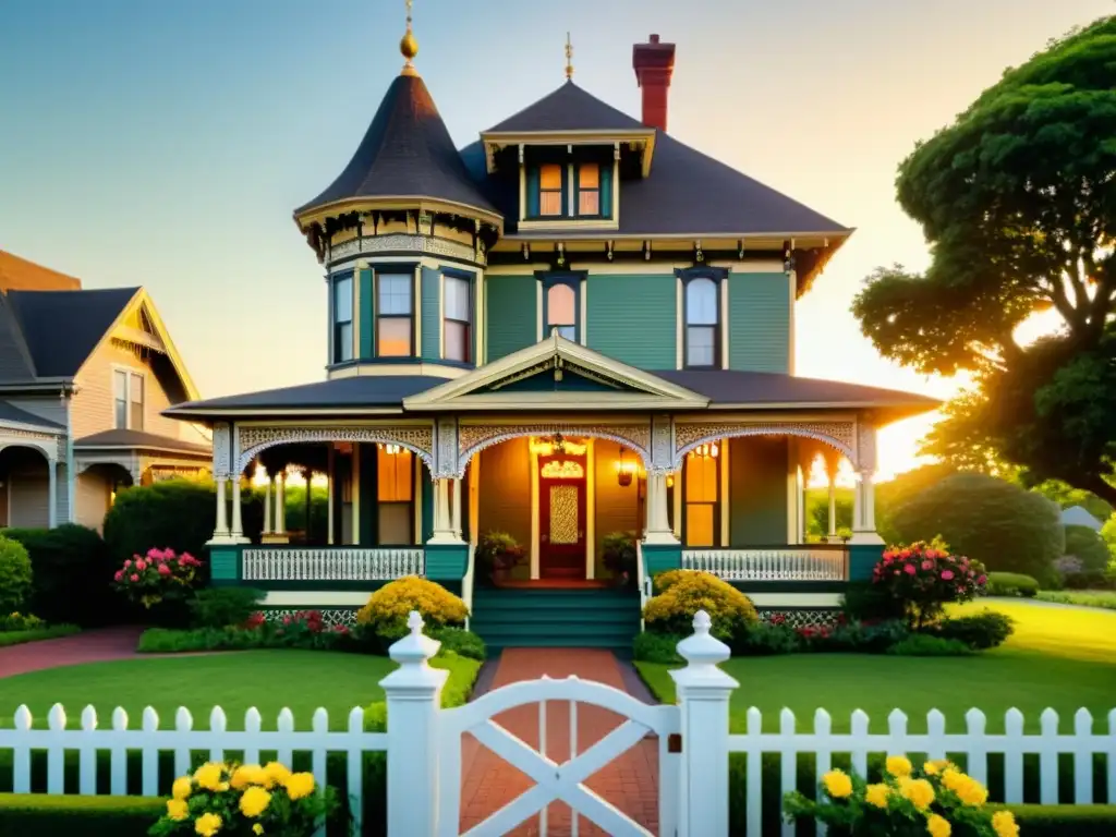 Compra casa estilo victoriano, con hermosa fachada y jardín floreado bajo la cálida luz del atardecer