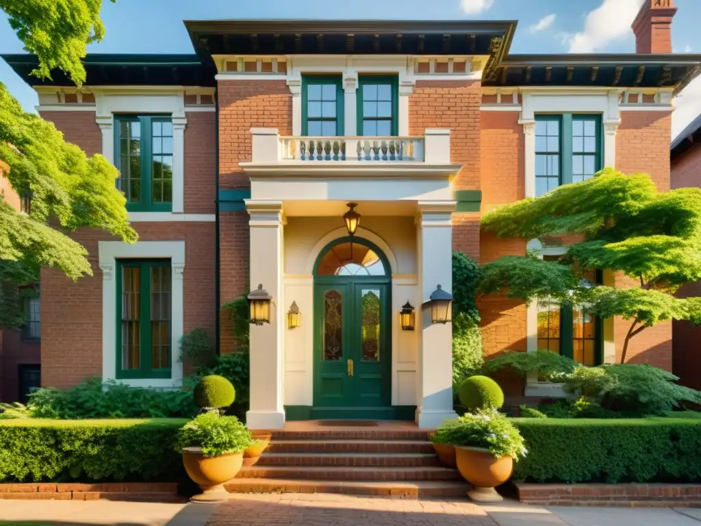 Majestuosa fachada histórica bañada por la luz solar Compra propiedad histórica: Fotografía vintage de la fachada de una propiedad histórica, con detalles arquitectónicos y vegetación exuberante