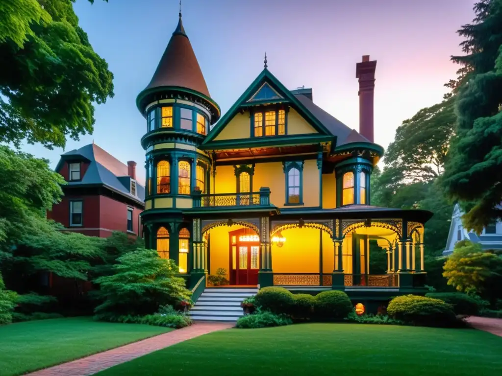 Mansión victoriana restaurada con jardines exuberantes al atardecer Compra propiedad histórica: Mansión victoriana restaurada con detalles arquitectónicos y jardines exuberantes al atardecer