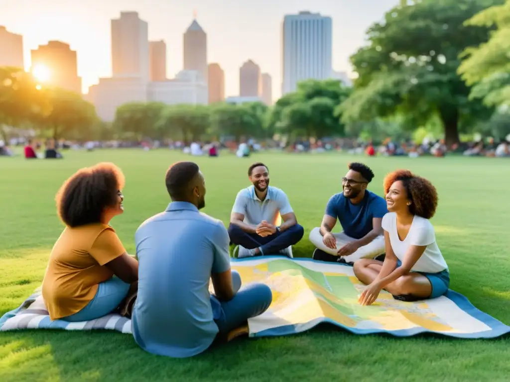 Comunidad diversa colabora en desarrollo sostenible y planificación urbana participativa en un parque urbano vibrante al atardecer