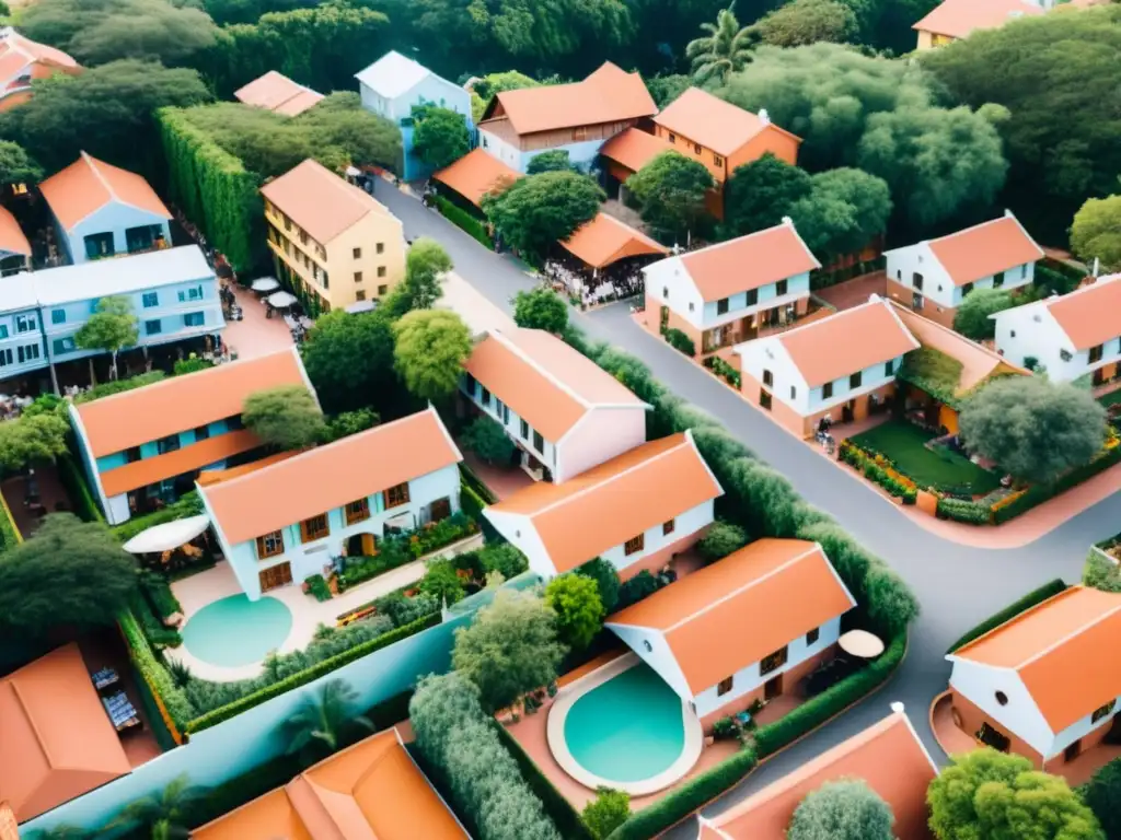 Una comunidad sostenible con arquitectura vintage y calles animadas, mercado vibrante y jardín comunitario, bañada por cálida luz solar