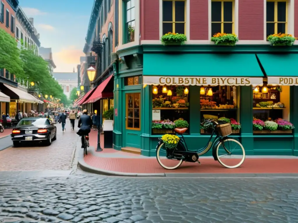 Una concurrida calle de la ciudad con bicicletas vintage, aceras empedradas y tiendas coloridas